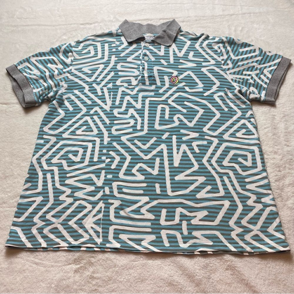 OFWGKTA White, Blue Tan Short Sleeve Polo Shirt Size Large